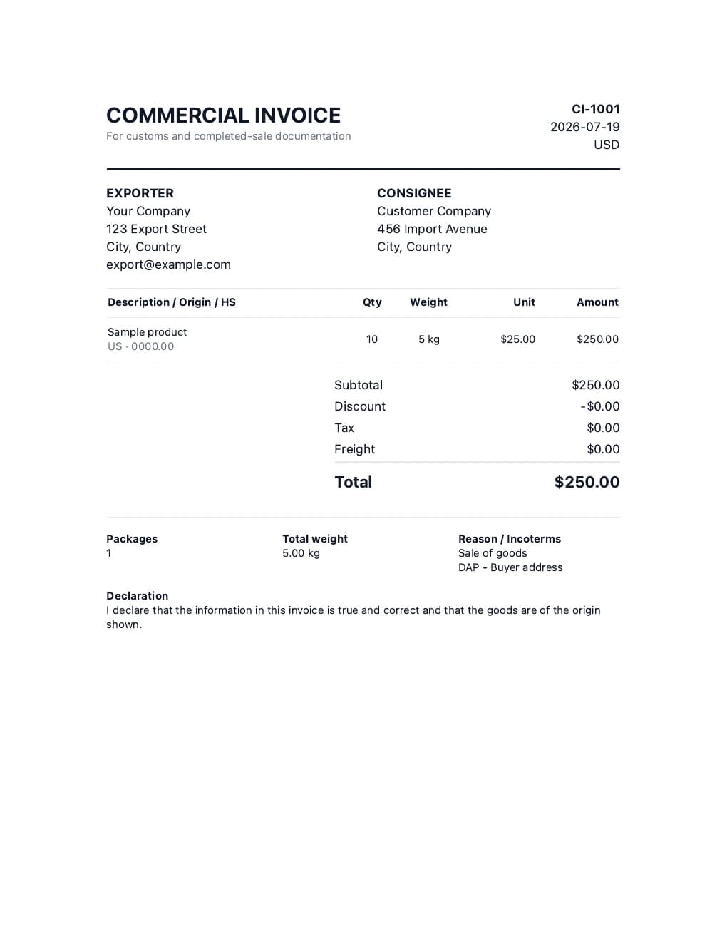 Commercial invoice template example for international shipping with exporter, consignee, HS code, country of origin, weight, customs value and Incoterms