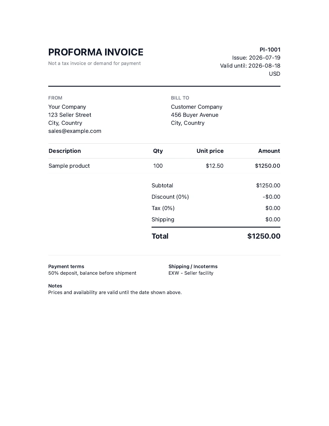 Proforma invoice template example with seller and buyer details, line items, payment terms, Incoterms, shipping and total